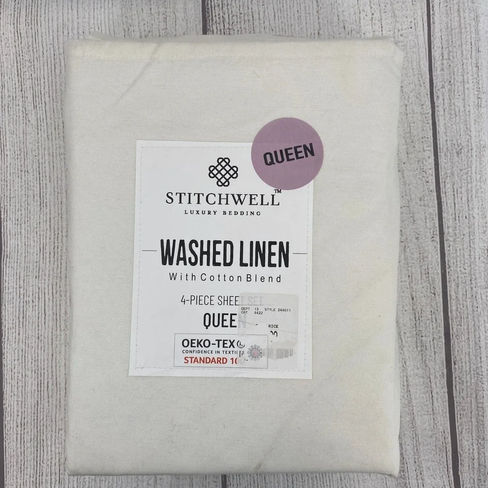 Stitchwell Sheet Set QUEEN Cream Washed Linen Cotton Blend Natural Boho Rustic